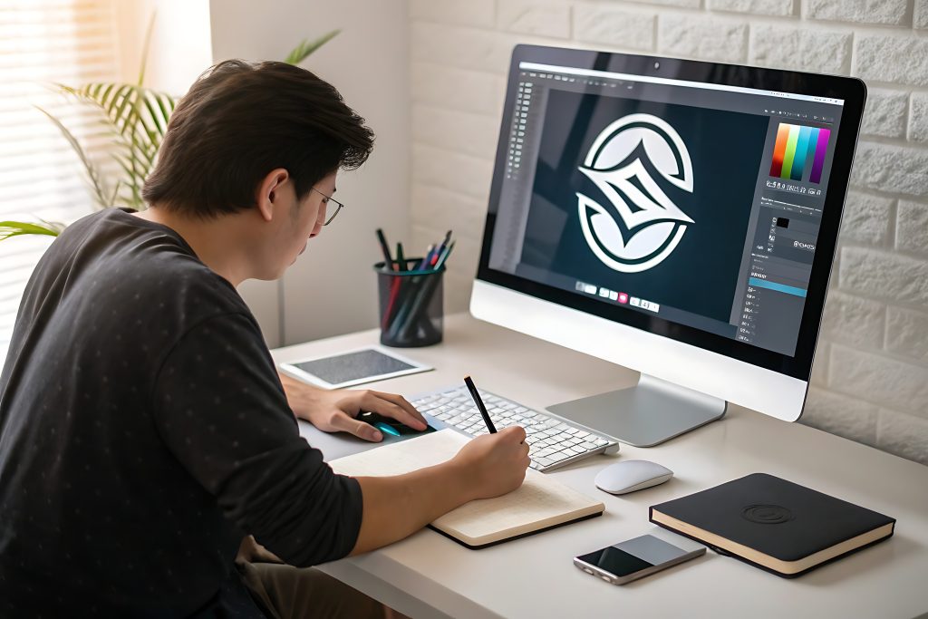 Bilgisayarda vektörel logo tasarımı yapan tasarımcı